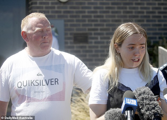 Mick Murphy went on holiday without his wife in January after she was struck down with Covid-19.  Above, with the couple's distressed eldest daughter, Jess, at a media conference Thursday