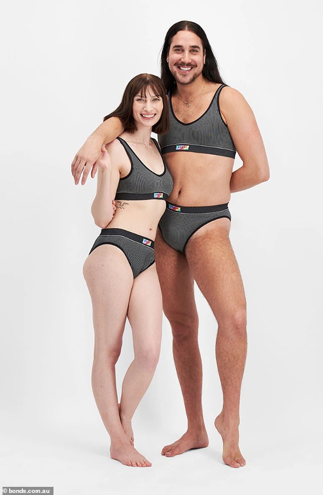 Iconic Australian underwear brand Bonds has used models with 'they/them' pronouns to promote its $18.99 'Retro Rib™ Seamless Tonal Hi Bikini' as part of its Pride 2024 range (pictured)