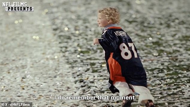 A two-year-old McCaffrey was captured running across the field after his father, Ed, won