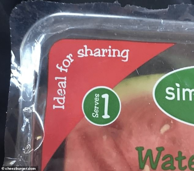 Elsewhere, someone saw a box of watermelon in the supermarket, but the packaging said it 'serves one' and is 'perfect for sharing'