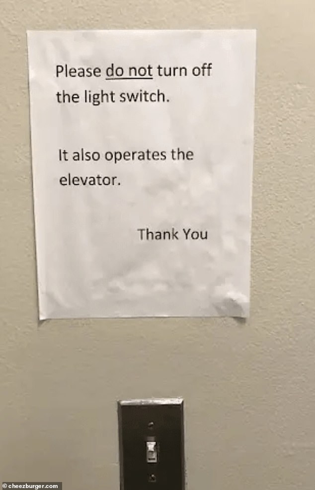 Meanwhile, a worrying sign was spotted in one building asking residents not to 'turn off the lights' as the switch also controls the lift