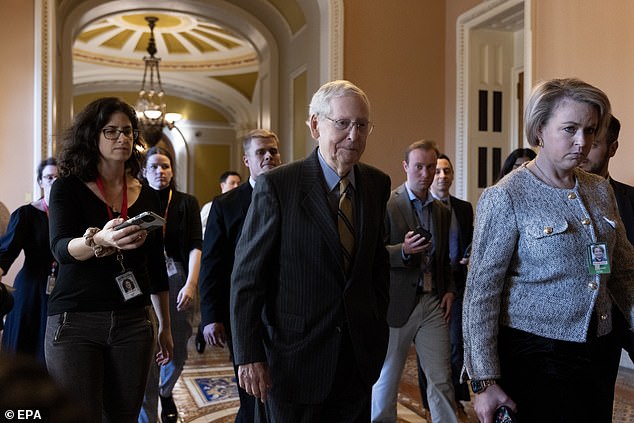 Republican Senate Leader Mitch McConnell was at the Capitol on Wednesday when his party's chaos finally led to a border bill