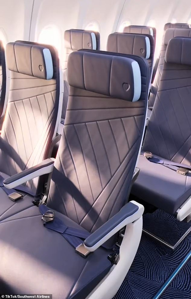 The airline shared a video of the cabin interior on TikTok, including close-ups of the seats and headrests with embossed Southwest hearts