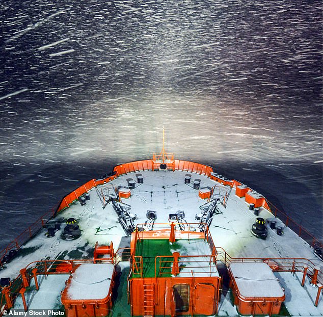 Atomflot's 50 Let Pobedy (50th Anniversary of Victory) nuclear-powered icebreaker makes its way through the frozen waters of the Gulf of Ob, the Kara Sea