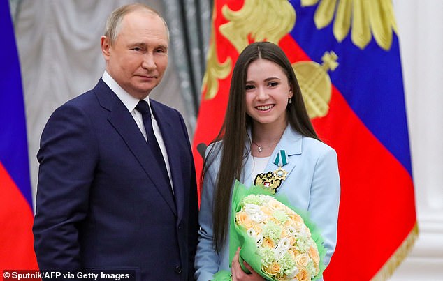 Valieva pictured with Russian President Vladimir Putin during an awards ceremony for the 2022 Games