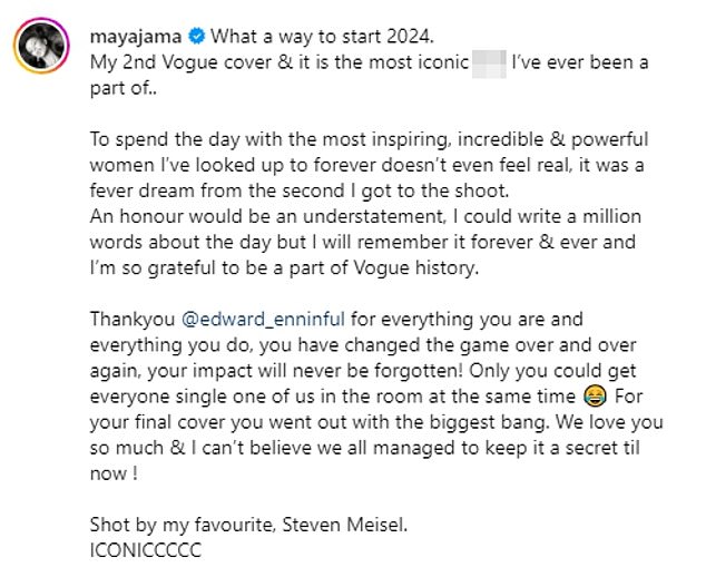 Taking to Instagram, the star expressed her gratitude for taking part in the shoot as she wrote: 'What a way to start 2024.  My second Vogue cover and it's the most iconic s**t I've ever been a part of..'