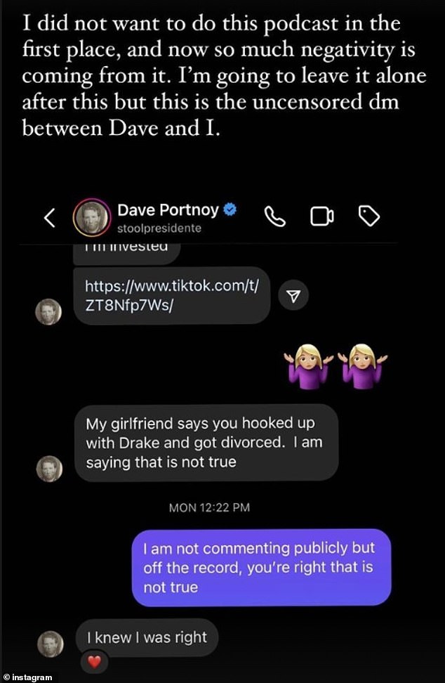 The podcaster, 26, has finally broken her silence on the duo, noting that the rapper and she are not in a sexual relationship in a DM conversation with Dave Portnoy