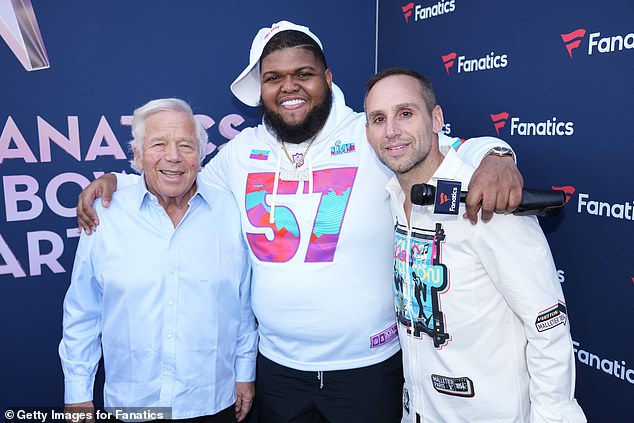 American actor and comedian Druski (C) will play in the team of 21 Savage (seen with Robert Kraft and Michael Rubin)