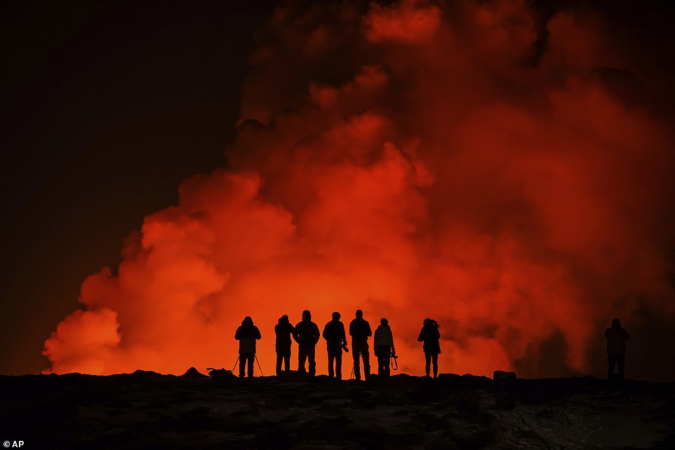 The eruption started around 6 a.m. and sent lava into the air along a 3-kilometer-long rift northeast of Mount Sundhnukur, the Icelandic Meteorological Office said.