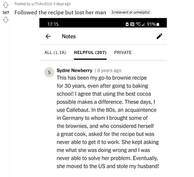 But recipe reviews aren't limited to complaining about why a recipe didn't work, with one woman's favorite brownie recipe containing a special ingredient: adultery.