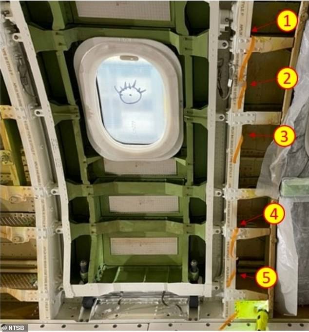 Boeing workers removed the door plug to repair five defective rivets just forward of the panel.  The location of the bad rivets is marked above