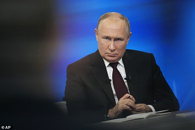 Russian President Vladimir Putin attends his annual press conference in Moscow, Russia, Thursday, December 14, 2023