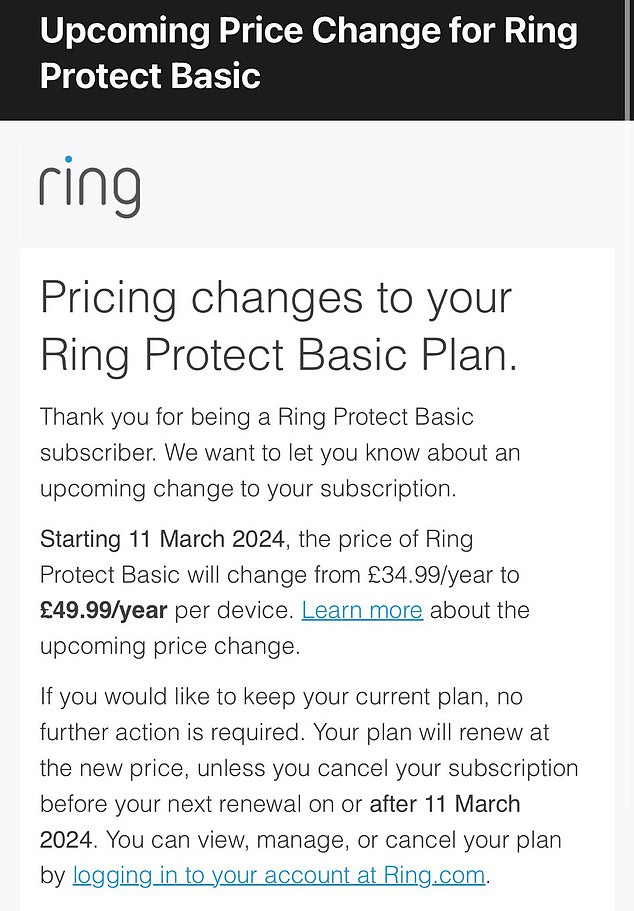 Ring Doorbell customers were notified of the price increase by email this afternoon