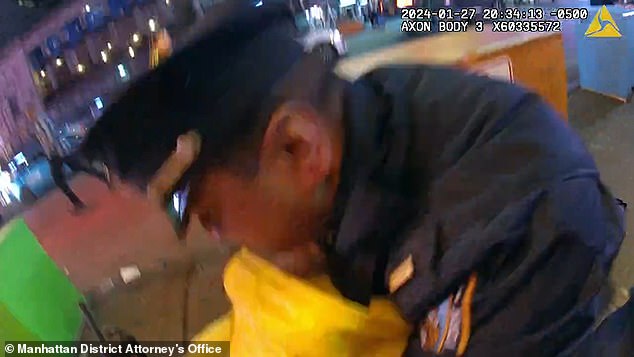 Body camera footage of NYPD Lieutenant Ben Kurian shows the second suspect Yohenry Brito, 24, who was wearing the yellow jacket, was grabbed by the lieutenant