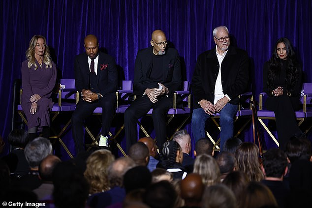 Buss, Derek Fisher, Abdul-Jabbar, Phil Jackson and Vanessa Bryant (L-R) sit on stage