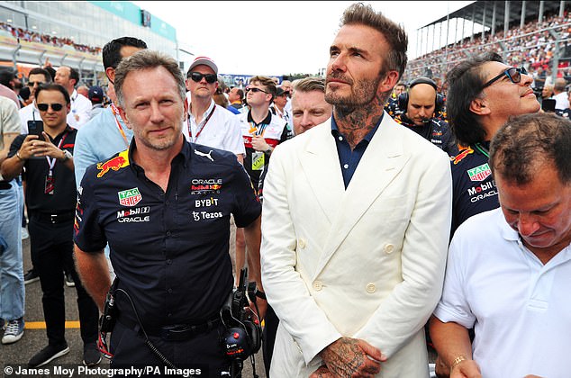 Christian Horner with David Beckham on the grid during the Miami Grand Prix in May 2022