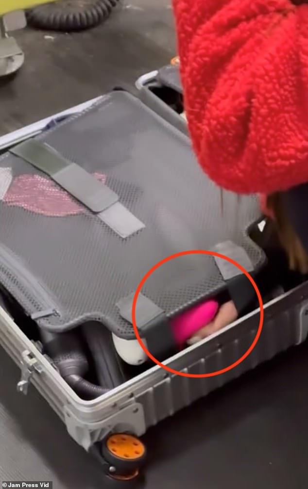 Amanda grabbed her suitcase and took it out of the plane where officers were waiting.  Inside she discovered the cause: her vibrator