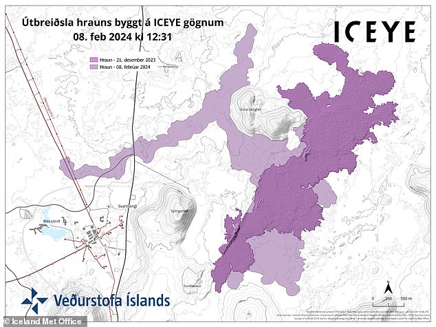 This map shows the extent of the lava flows from the last eruptions in the area.  The darker area shows the lava flow from the December eruption, while the lighter area shows where lava traveled after this last eruption