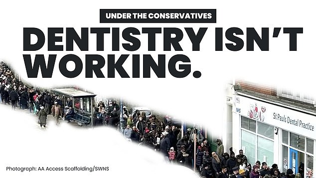 The new Labor advert, headlined 'Dentistry doesn't work', depicts snaking queues of potential patients waiting to register at the newly opened NHS dental practice in Bristol