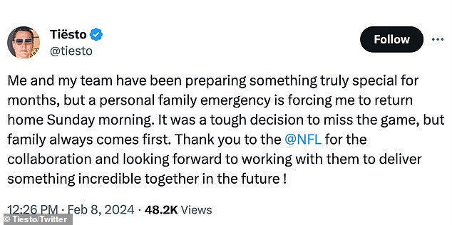 The 55-year-old DJ, who was announced in January as the first-ever in-game DJ for the Super Bowl in Las Vegas on February 11, shared a statement on social media on Thursday