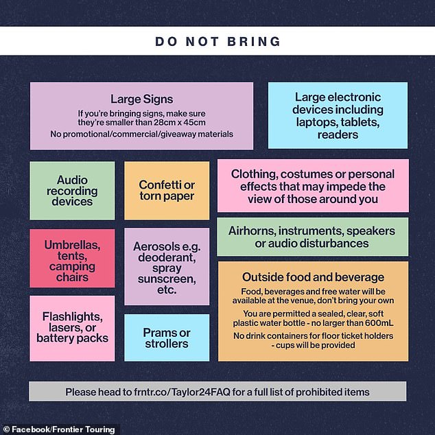 Large signs, confetti, iPads, aerosol sunscreen, and battery packs are among the many prohibited items, as are weapons or dangerous items, among many other items