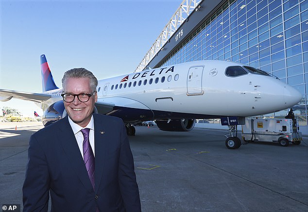 Delta CEO Ed Bastian arrives to unveil the A220 aircraft in Atlanta in 2018