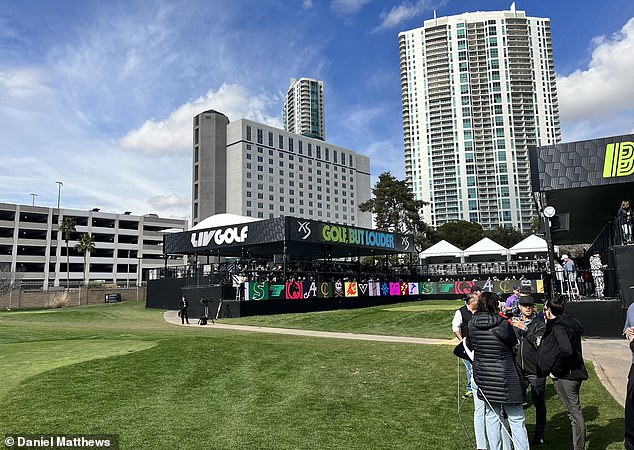 'Golf, But Louder' is the slogan printed on the galleries surrounding the tee box and green