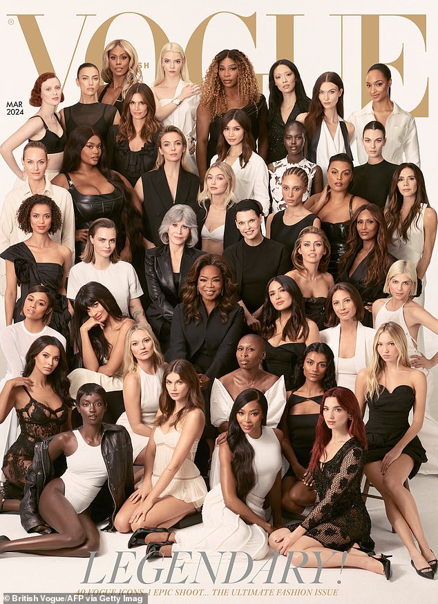 The March 2024 cover of British Vogue featuring Kate Moss, Oprah Winfrey, Linda Evangelista, Jane Fonda and Victoria Beckham