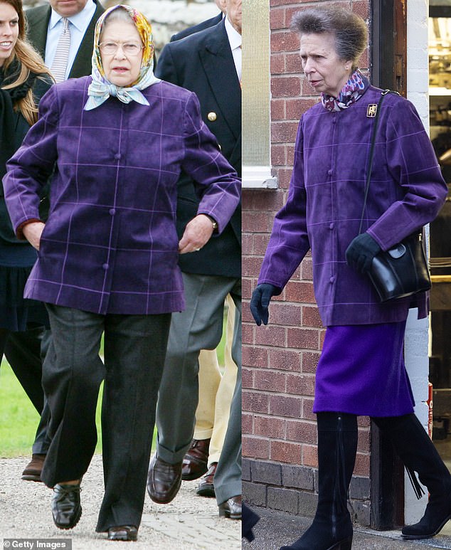 Princess Anne, right, wears the late queen's chic purple plaid coat