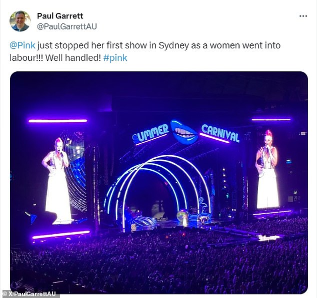 Pink finally started her Australian tour on Friday, but had a very eventful first show as she had to stop the concert briefly when a fan went into labor