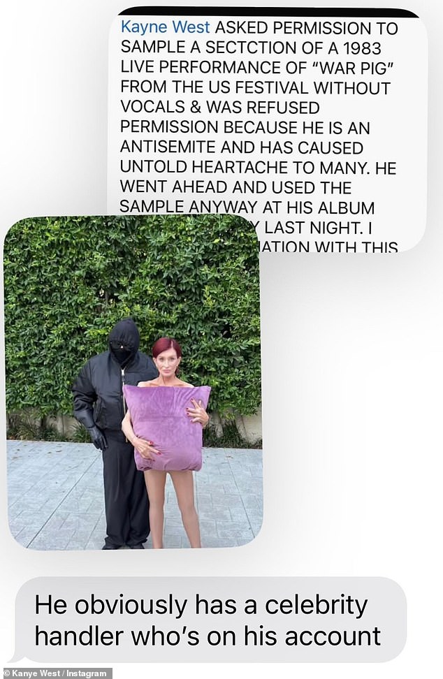 In response to a screenshot of Ozzy's most recent Instagram post, Kanye re-shared an old photo of Ozzy and Sharon dressed as himself and his wife on Halloween, and suggested they were fans