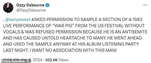 The drama started after the British rocker said he wanted 'no association' with Kanye after sampling War Pigs, despite being denied permission