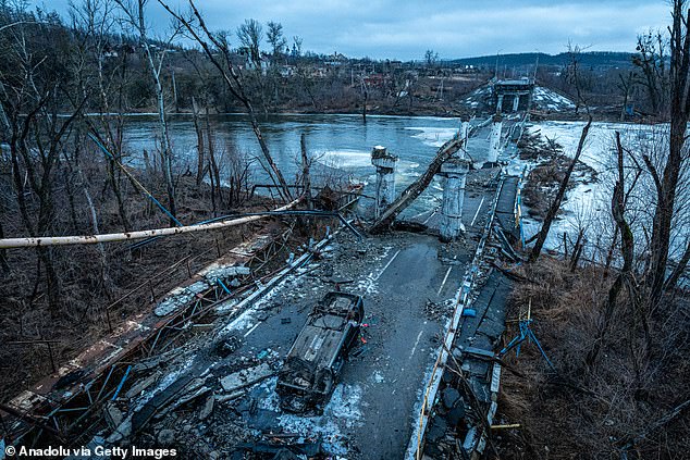 View of a bridge, destroyed by the war, in Bohorodychne, Donetsk Oblast, Ukraine on January 27, 2024. The village of Bohorodychne, in the Donetsk region of eastern Ukraine, was one of the front lines where some of the toughest battles were fought.  June 2022