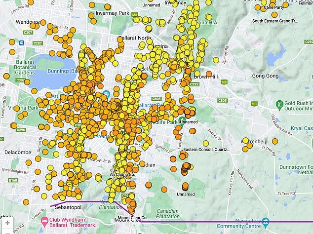 This map shows the location of the dozens of treacherous mines and mineshafts scattered across the Goldfields landscape around Ballarat, including the area currently being searched