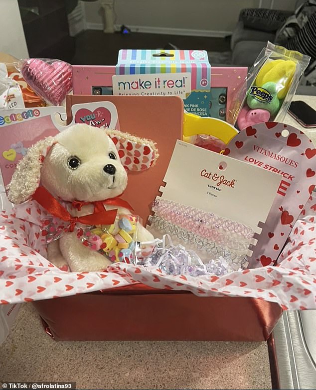 The American showed off the gift basket she put together, including sweets, a notepad, chocolate, a face mask, a teddy bear and more