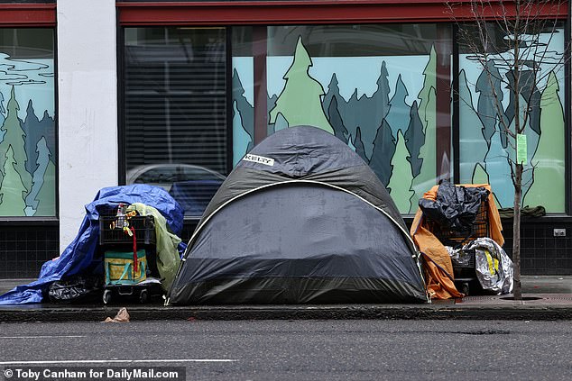 Tents line the streets of downtown Portland in the days after a state of emergency was declared