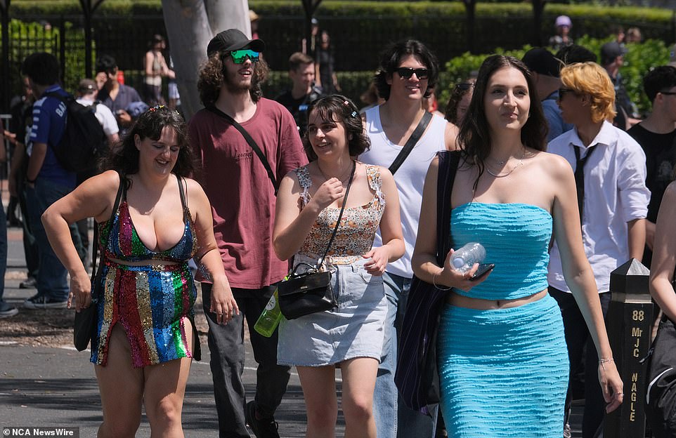 Pictured are partygoers arriving at the Laneway Festival at The Park in Flemington, Melbourne