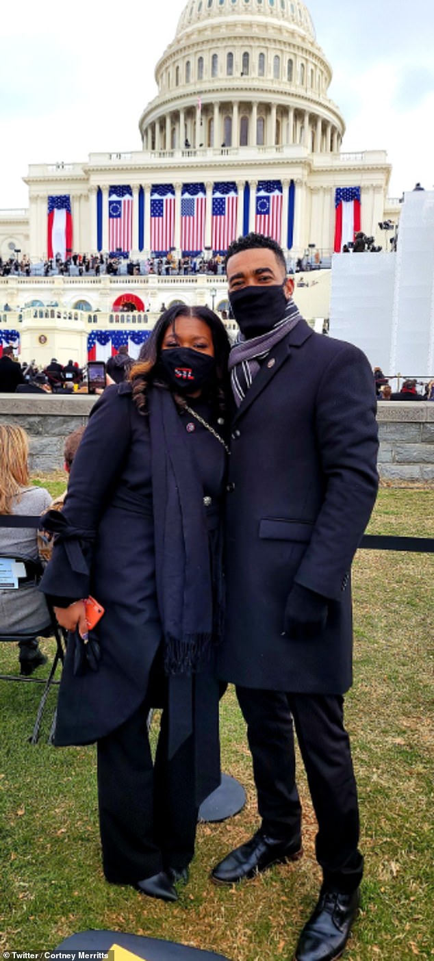Cori Bush and her current husband Cortney Merritts together at the 2020 inauguration. They married in 2023