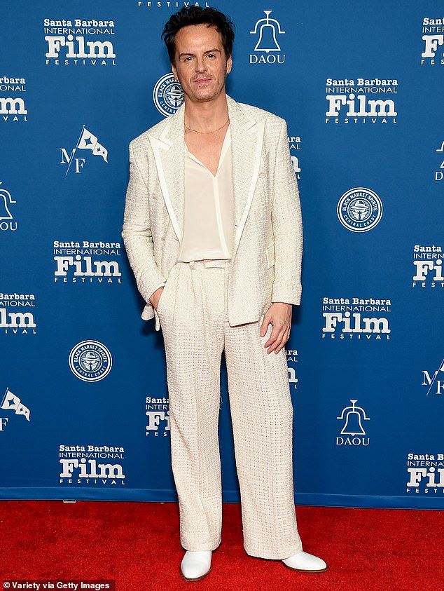 Andrew Scott stood out as he wore a patterned cream jacket paired with matching trousers