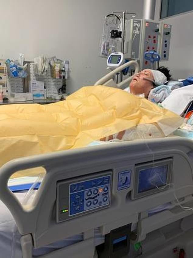 The mother-of-one reportedly has bandages covering 90 per cent of her body and will undergo a further procedure on Sunday evening (Pictured: Mrs Watson in intensive care)