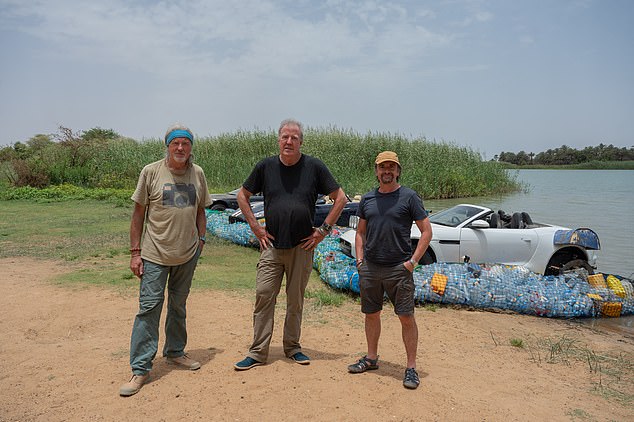 James, pictured with co-stars Jeremy Clarkson and James May, returns to Amazon Prime on February 16 with The Grand Tour: Sand Job