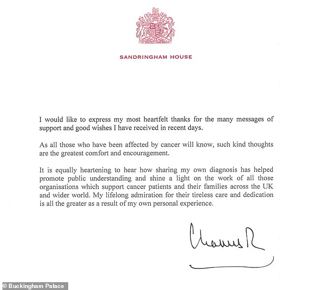 King Charles and expressed 'sincere thanks' to the British public in a letter from Sandringham House on Saturday evening