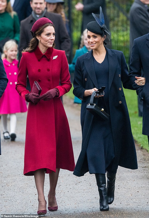 Instead, the mother-of-two and her husband Prince Harry, who are now based in California after Megxit, were initially 'stuck in Nottingham Cottage, which (the Duke) used to "my cabin"', while 'there are William and Kate with this beautiful house'.  In the photo Kate and Meghan in 2018