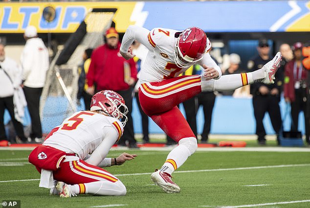 There are some who believe that NFL kickers benefit from experience in football (Butker photographed kicking for a field goal against the Los Angeles Chargers last month)