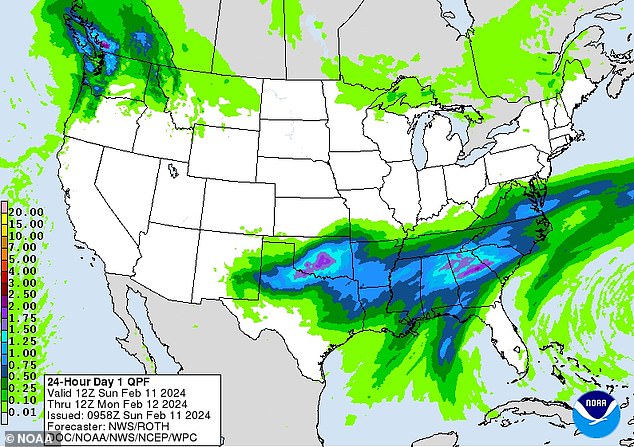 The storm from Texas and Arizona is expected to shift toward the southern U.S. on Sunday.  Heavy rain, hail, high winds and possible tornadoes are forecast