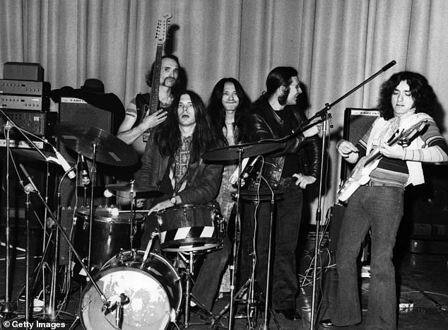 German experimental rock group Can, from left to right;  Holger Czukay, Michael Karoli, Damo Suzuki, Irmidt Schmidt and Jaki Leibzeit, during the Tago Mago period