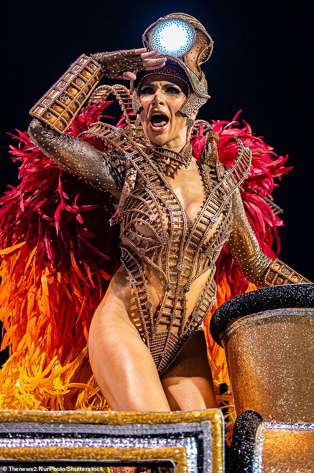 Aline de Oliveira takes part in the parade of the samba schools in Sao Paulo, which is part of the special group of the parades of the samba schools,