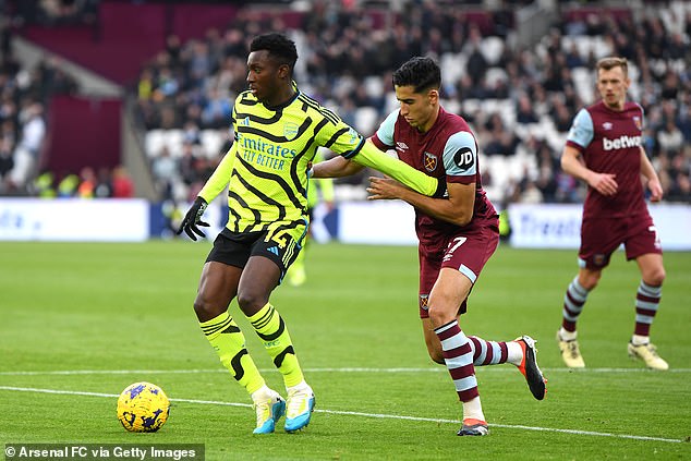 Nayef Aguerd (right) was given a torrid afternoon by Arsenal's attackers as they dominated