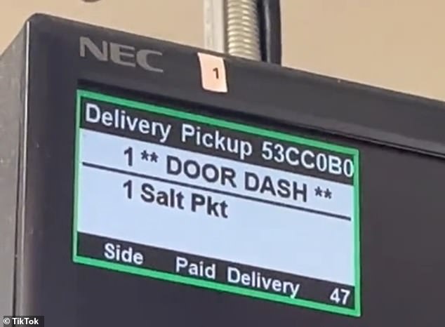 You will see the order for the salt package on the screen.  It's unclear how much the customer was charged, but according to the restaurant's page on DoorDash, spice packs are free