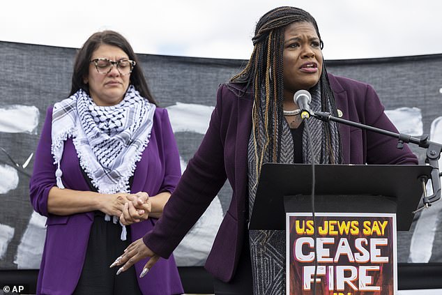 Tlaib (left) and Bush (right) speak in Washington, DC, just days after the October 7 attacks, demanding a ceasefire